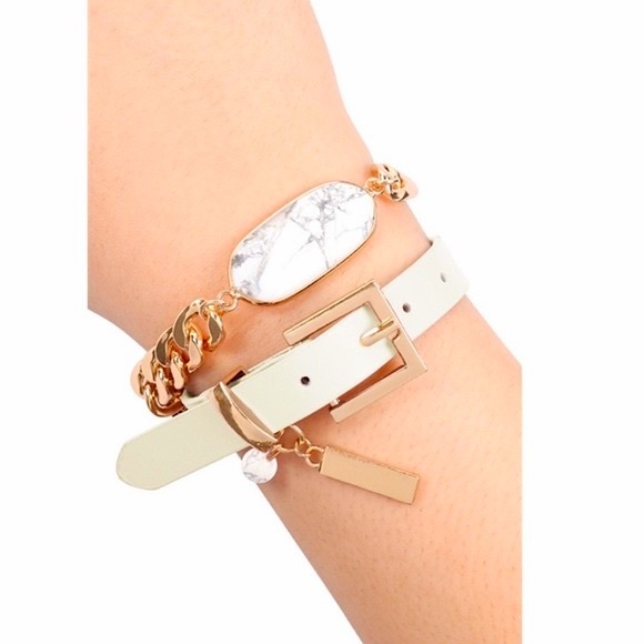 #2490 Genuine Leather Oval Natural Stone Marble Charm Bracelet Choker - Picture 7 of 10